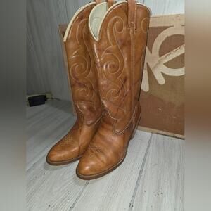 Vtg Acme Rust Driftwood Womens Brown Leather Heeled Cowboy Boots 7.5 USA Made
